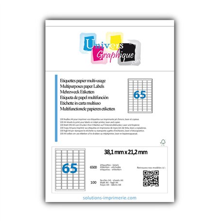 100 planches soit 6500 étiquettes 38 x 21 (38.1 X 21.2) - Petite Étiquette blanches adhésives personnalisable.