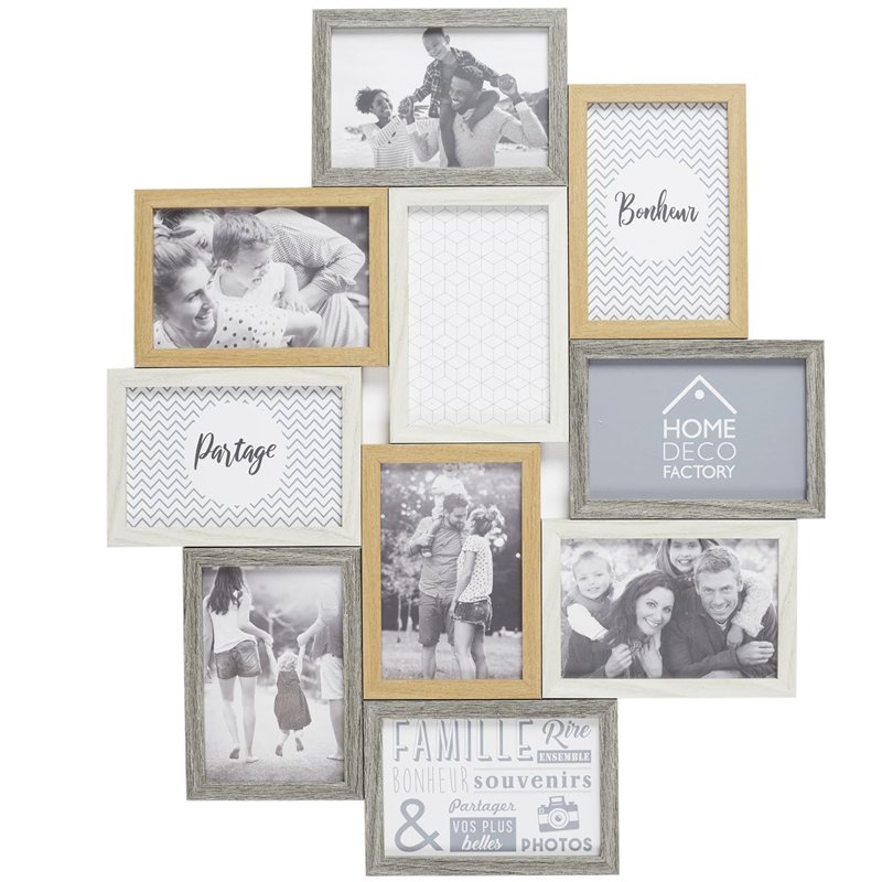 HOME DECO FACTORY - HD4213 - Cadre Photo Multiple Pele-Mele 10 Vues Bois et Blanc deco Souvenir - Beige Marron