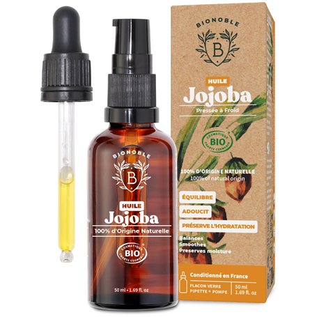 Bionoble Huile de Jojoba Bio 50ml + Pipette et Pompe - Bouteille en Verre - 100% Pure