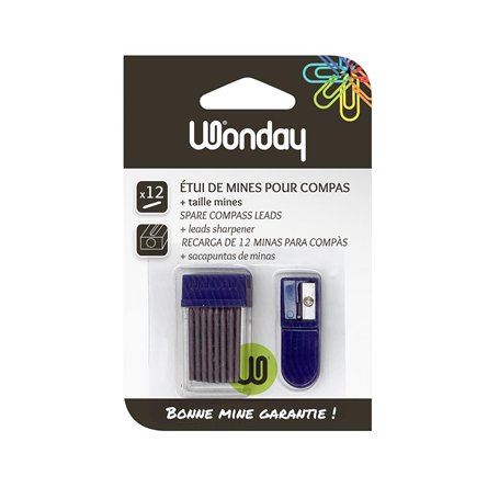 WONDAY- Etui de 12 Mines pour Compas en diamètre 2mm Avec taille-mines