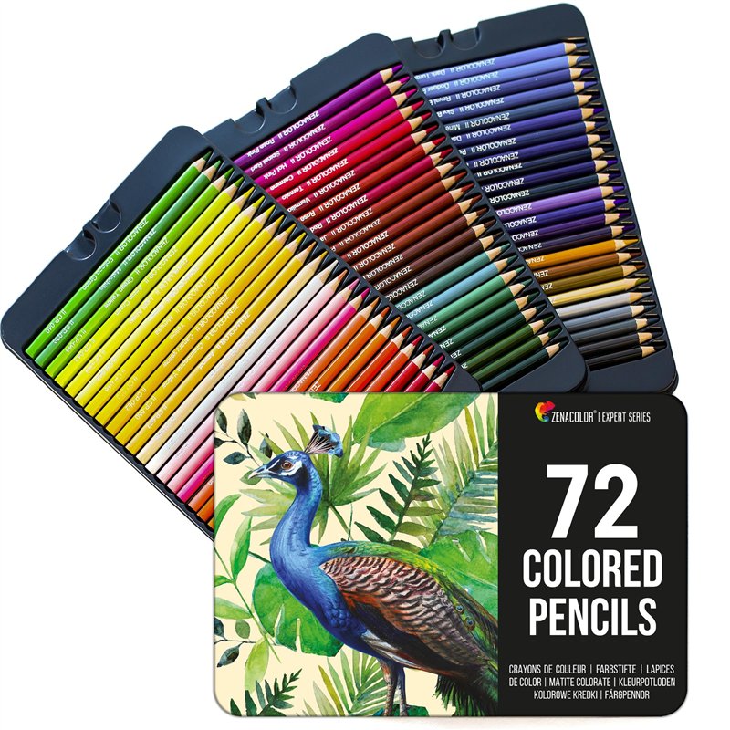 Zenacolor - 72 Crayon de Couleurs Professionnel, avec Boîte en Métal - Set de 72 Couleurs Uniques - Dessin, Esquisse, Coloration