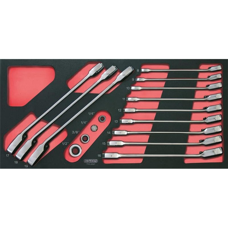 KS TOOLS - 713.2027 - Module 12 clés mixtes à cliquet réversible GEARplus adaptateurs 1/4-3/8-1/2, 16 pièces - 8-19 mm - Mousse 