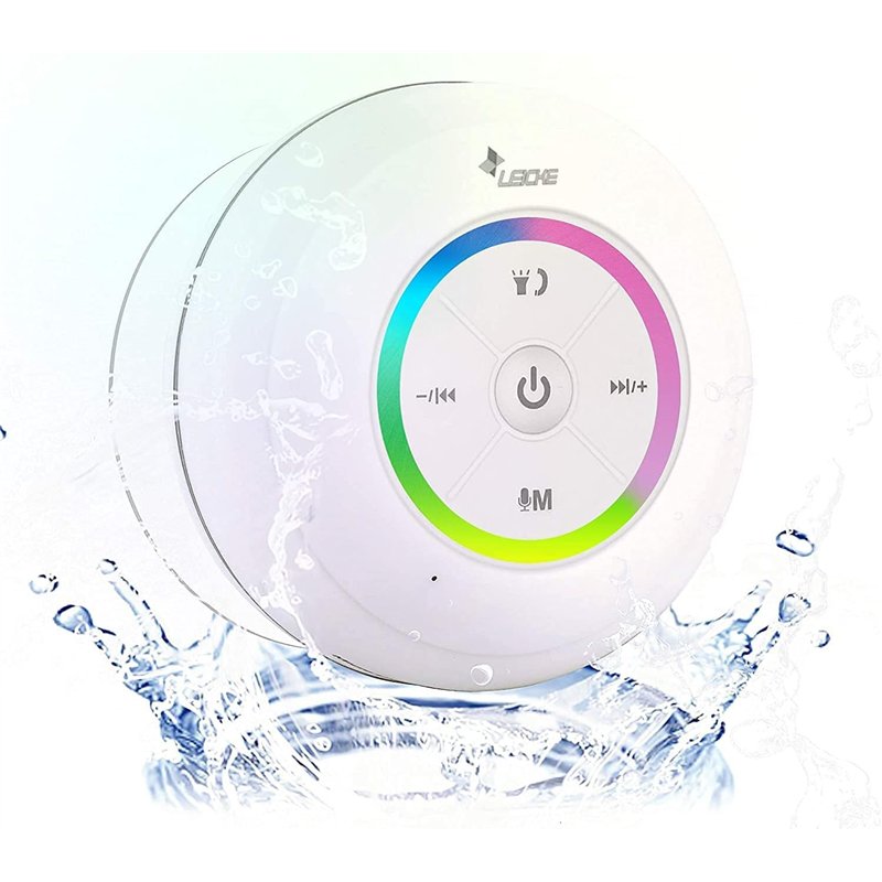 LEICKE Enceinte Bluetooth Portable Étanche Haut Parleur de Douche sans Fil Haute stéréo LED Lumière Ventouse puissante, Stéréo,