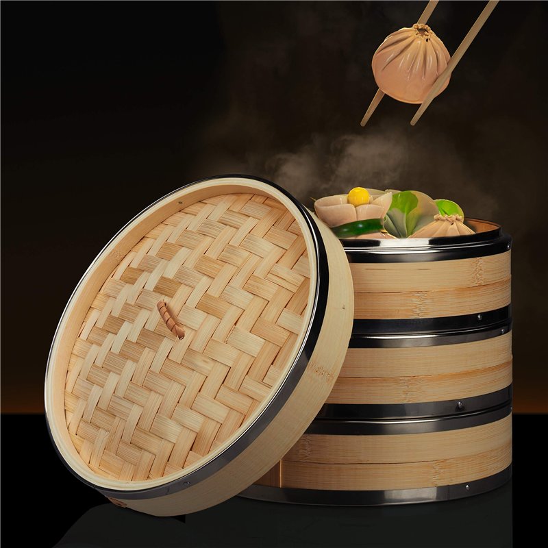 Image secondaire de Relaxdays Cuiseur vapeur bambou, 3 niveaux, anneaux en métal, panier asiatique, riz, dimsum, légumes, Ø 24 cm, nature