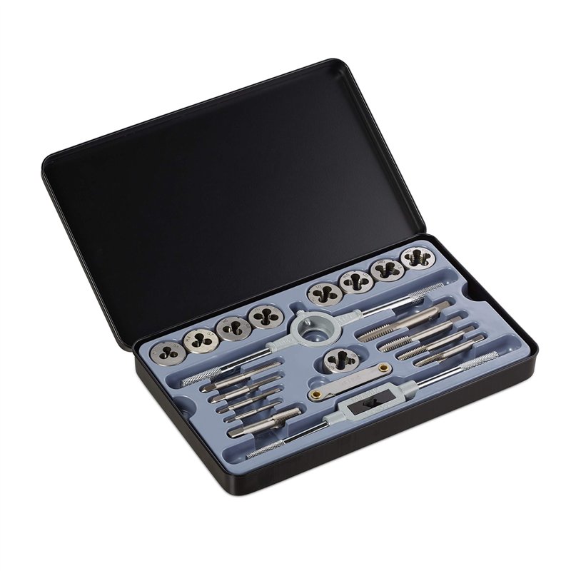 Relaxdays Taraud et filières M3 - M12, 9 coupes de filetage, taraudeuse, coffret taraud, argenté