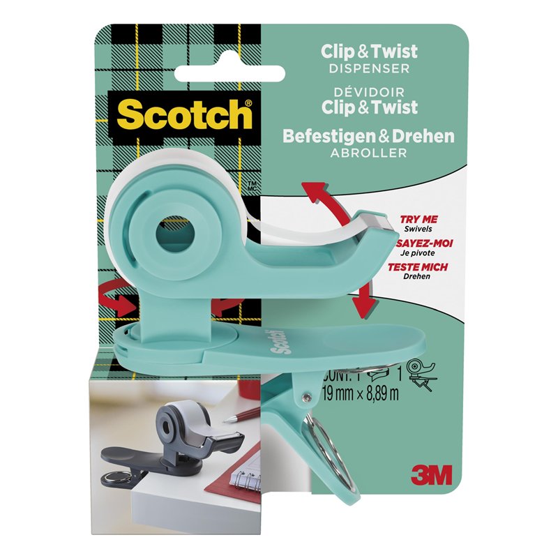 Scotch Clip&Twist, Dévidoir de ruban C19, Rechargeable, Turquoise + 1 Rouleau de Ruban invisible Scotch Magic, 19 mm x 8,89 mm -