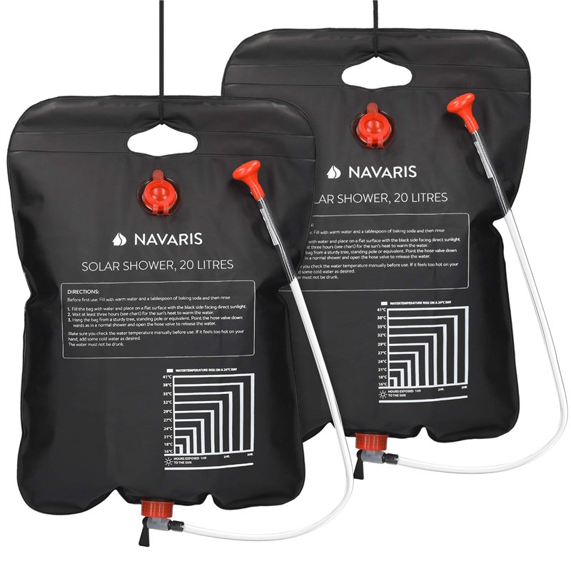 Navaris Douche Solaire - Lot 2X Douche Solaire de Camping 20L - Sac d'eau randonnée Festival activité extérieure - Douchette ave