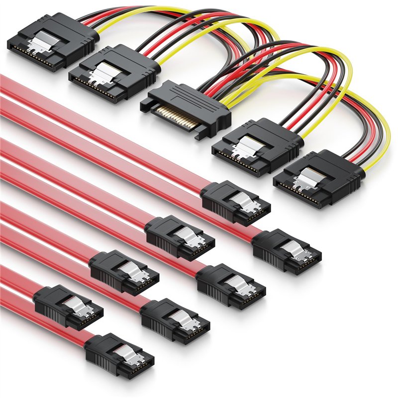 deleyCON 4x Câbles SATA III avec Prises Droites + Câble Adaptateur D‘Alimentation - SSD HDD Disque Dur