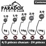 Paradox Fishing Lot de 24 hameçons Offset de qualité supérieure (5 g/7 g/10 g/ 12g 14 g) - 5 ou 4 pièces avec 1- Hameçons Offset