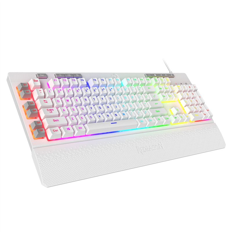 Redragon K512 Shiva Clavier de jeu américain à membrane blanche, éclairage RVB, touches G programmables, commandes multimédias, 