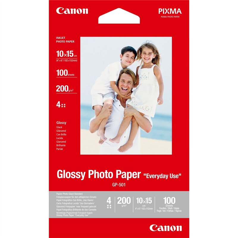 Canon GP-501 Everyday Use Photo Paper, Glossy, 200 g/m2, 10 x 15 cm (4 x 6in), 100 Sheets - 0775B003