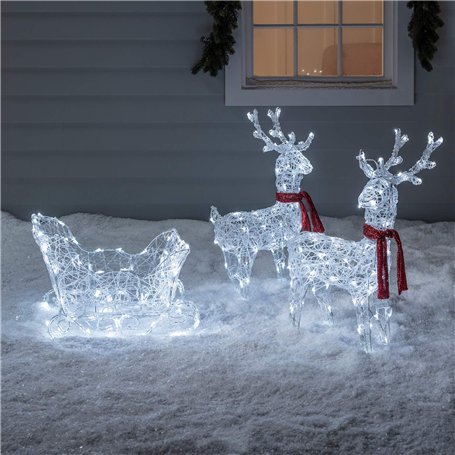 Lights4fun Duo de Rennes et Traîneau Lumineux de Noël avec 240 LED Blanc à Piles en Acrylique avec Minuterie Décoration de Noël