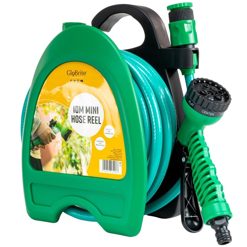 GloBrite Mini enrouleur de tuyau d'arrosage avec buse de pulvérisation réglable 7 en 1, accessoires de montage mural pour l'irrigation