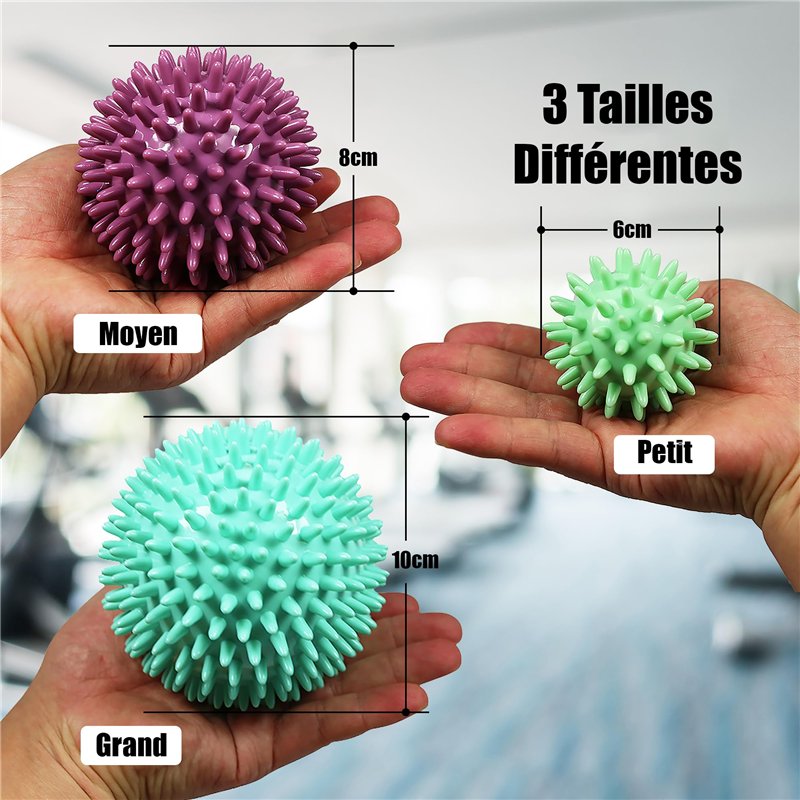 Image secondaire de ResultSport Lot de 3 balles de massage à picots réflexologie, 6 cm, 8 cm, 10 cm, massage de trigger point, boule myofasicale, bo