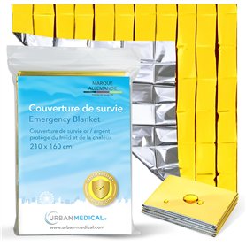 URBAN MEDICAL Couverture de survie Premium - Protection contre le froid & la chaleur - Couverture d'urgence double face or/argen
