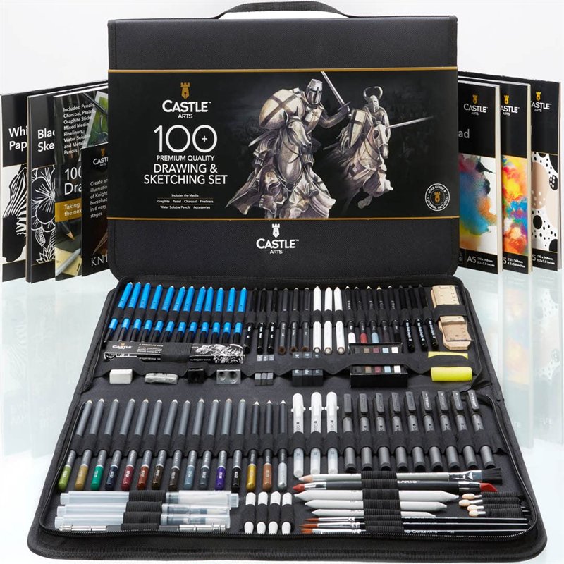 Castle Art Supplies Set 100 Pièces Dessin et Croquis | Crayons, Bâtons Graphites, Fusains, Pastels, Métallisés et Solubles à l’E