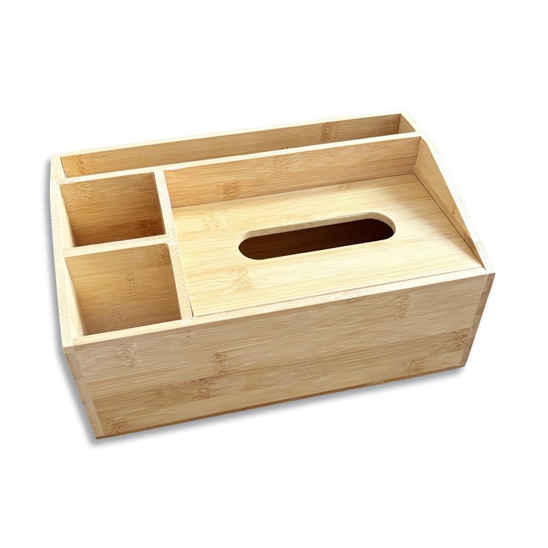 Boîte à mouchoirs multifonction en bambou naturel - 4 compartiments - Distributeur de mouchoirs - Organiseur de bureau - Distrib