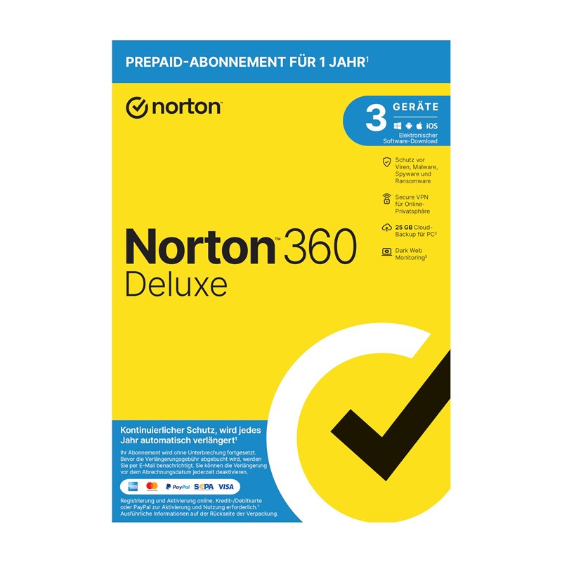 Norton 360 Deluxe 2023 | 3 Geräte | 1-Jahres-Abonnement mit Automatischer Verlängerung | Secure VPN und Passwort-Manager | PC/Ma