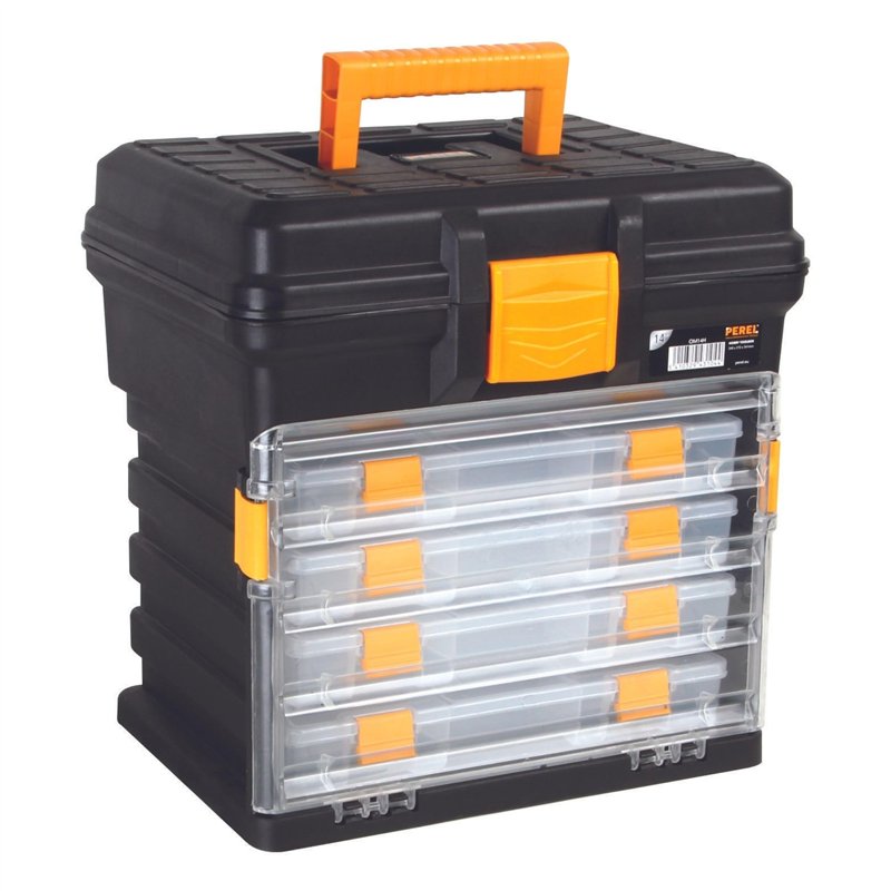 Perel Coffret de rangement multifonctionnel, boite à outils, boite de rangement vide, caisse outil plastique, portable, avec 4 