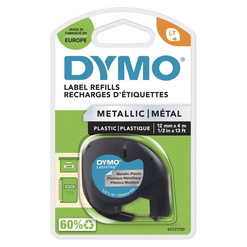 Ruban d'Etiquettes Autocollantes Multi-usages Dymo LetraTag, 12 mm, Cassette de 4 m, Impression en Noir sur Métallique Argenté