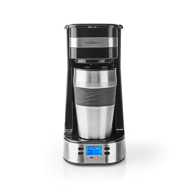 NEDIS Cafetière – Filtre à café – 0,4 l – 1 tasse – Minuterie d'allumage – Noir/argenté