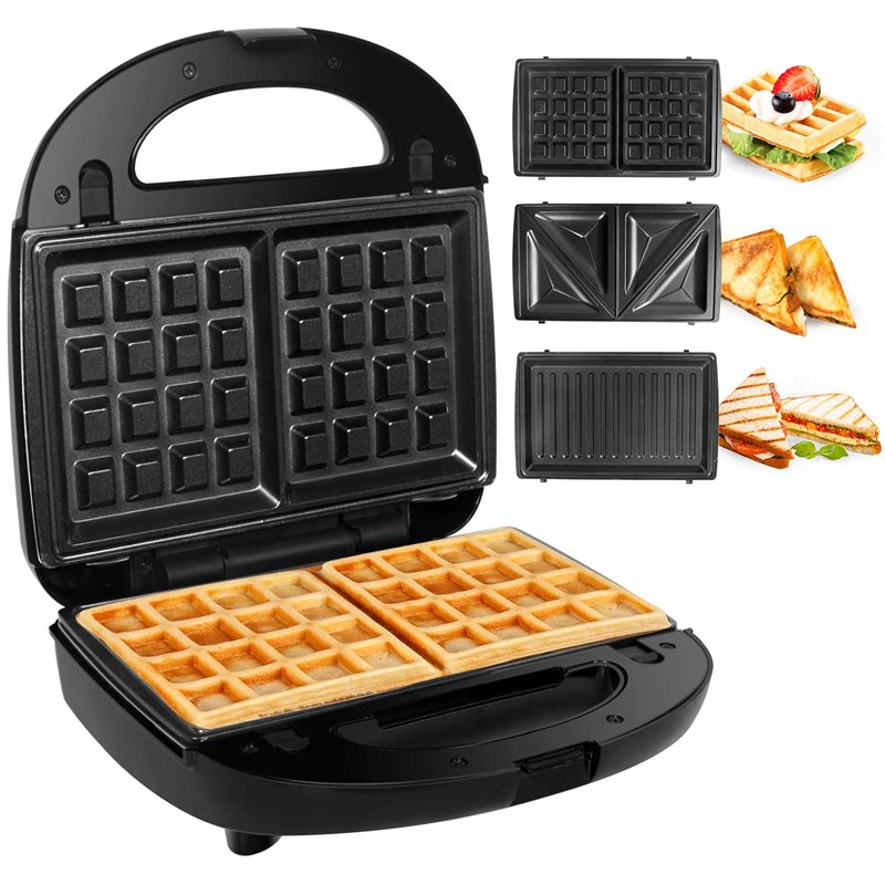 Gotoll Appareil à Croques Monsieur Gaufrier 3 en 1 Machine à Sandwich Maker Gauffre Presse Toaster Pain Plaques Remplaçables 750