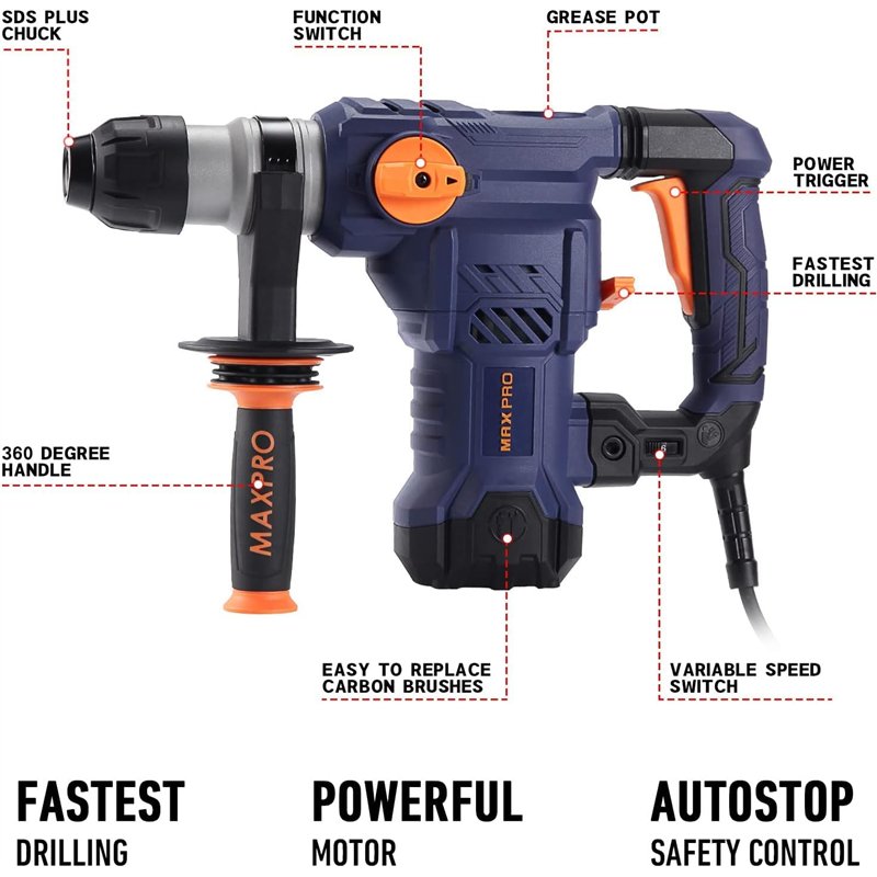 Image secondaire de MAXPRO Marteau Perforateur Électrique SDS-Plus 1500W Perforateur Burineur 5.5J, 6 Vitesses, 3 Fonctions, Technologie Anti-vibrat