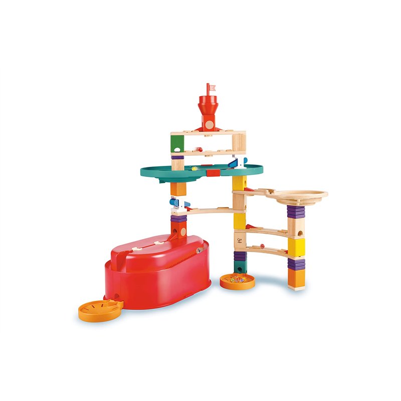 Hape Circuit Billes Coffret Quadrilla Bucket, 65 Pièces + 25 Billes - Jeux de Construction Circuit à Billes en Bois avec Bac de 