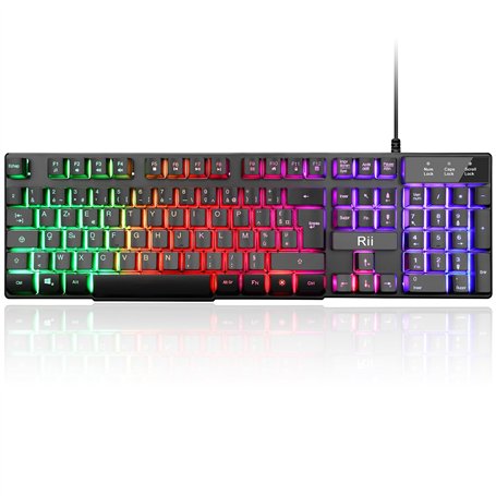 Rii Clavier Gamer - AZERTY - Nouveau Clavier USB Filaire - 105 Touches Semi-Mécaniques - 5 Couleurs LED Rétro - 11 Raccourcis Mu