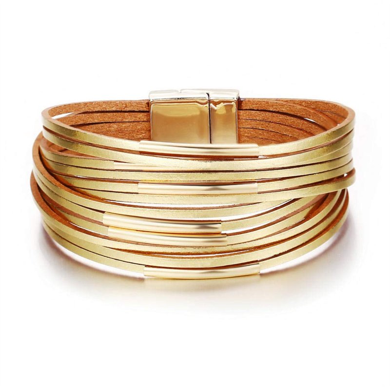 XUEQI Bracelet Cuir Femme Manchette,Bracelet en Cuir Boho Fait À La Main Tressé Multicouche Manchette Dorée Bracelet Hommes Femm