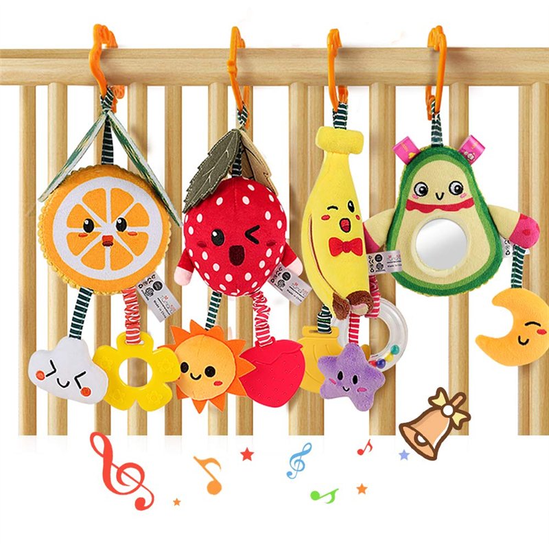 TUMAMA Jouet Hochet Bebe 0 2 3 4 6 8 9 12 Mois, Jeux Poussette d Eveil Bébé 0-6 Mois Avec Le Miroir La Voix, Peluche Fruits Joue