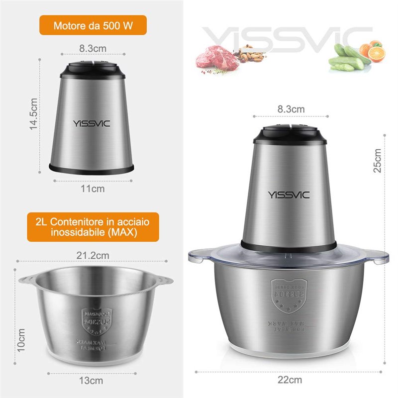 Image secondaire de YISSVIC Hachoir de cuisine électrique 2 L, 2 x 4 lames 500 W hachoir électrique mixeur multifonction avec bol en acier inoxydabl