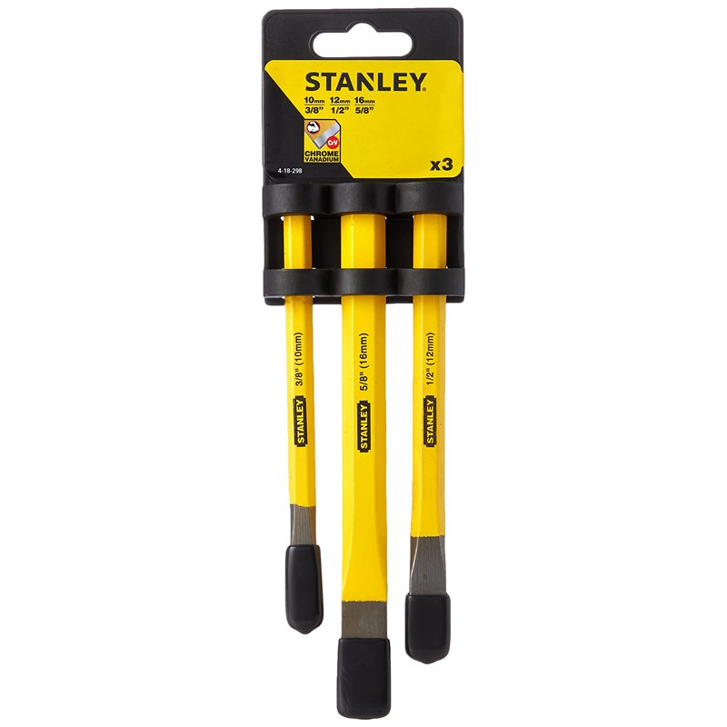 Stanley 4-18-298Kit de Burins 3 Pieces 140 x 10 mm, 150 x 13 mm et 170 x 16 mm Acier Chrome Vanadium - Finition en Poudre - Appl