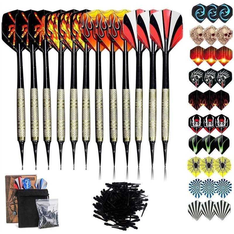 Sinwind Flechette Pointe Plastique, 12 Fléchettes avec 42 Ailettes et 100 Pointes, Set de Flechettes à Pointe Souple pour Cible 