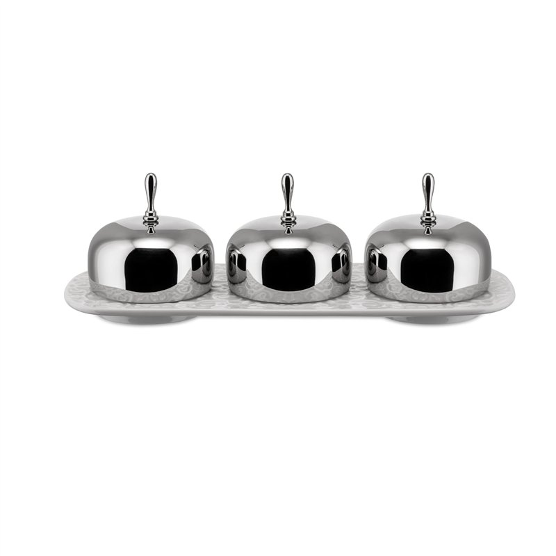 Alessi Mw15 Dressed Confiturier à Trois Compartiments en Porcelaine avec Couvercles en Acier Inoxydable 18/10 Brillant, Blanc
