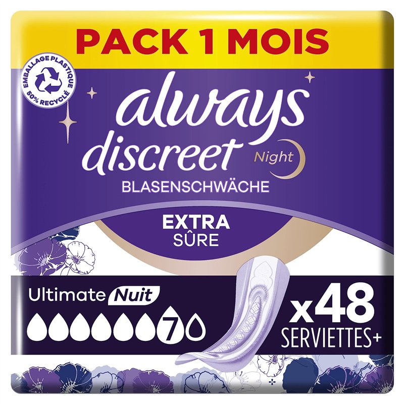 Always Discreet Extra Secure, Serviettes Pour Incontinence ou Fuites Urinaires, Fuites Importantes, Format Eco, 7 Gouttes, Ultim
