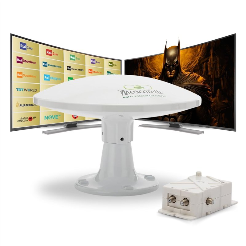 MOSCATELLI Antenne Omnidirectionnelle Terrestre TNT HD - DVB-T/T2 – Dab – 12/24/220 V – Kit Complet avec Câbles et Puissant Ampl