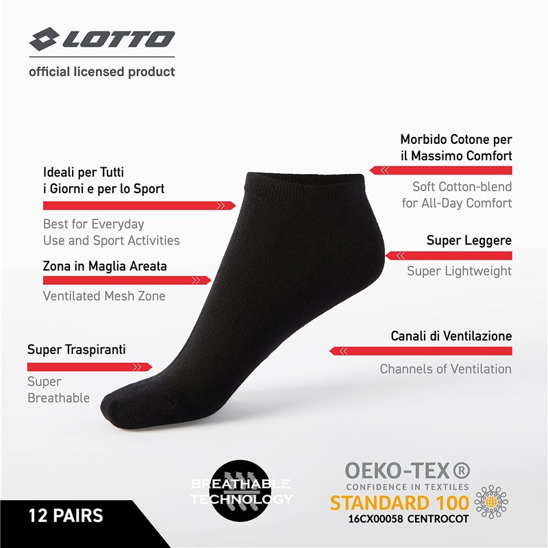 Image secondaire de Lotto, 12 Paires Chaussettes homme/femmes, super respirantes, légères, couvre-chaussures en coton, multisport, course à pied, gym