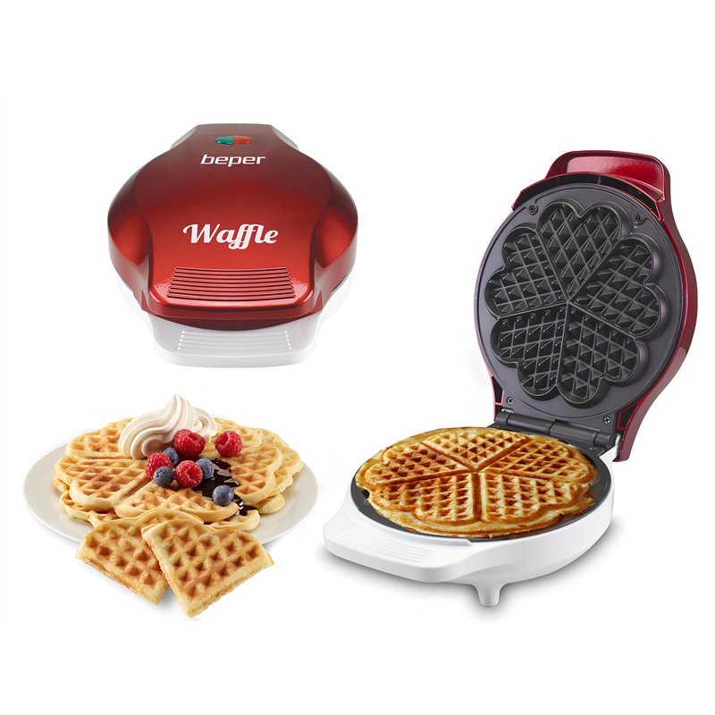 BEPER BT.603Y - Gaufrier, appareil à gaufres, 5 gaufres à la fois, plaque antiadhésive de 18cm, 800-1000W - Rouge/Blanc