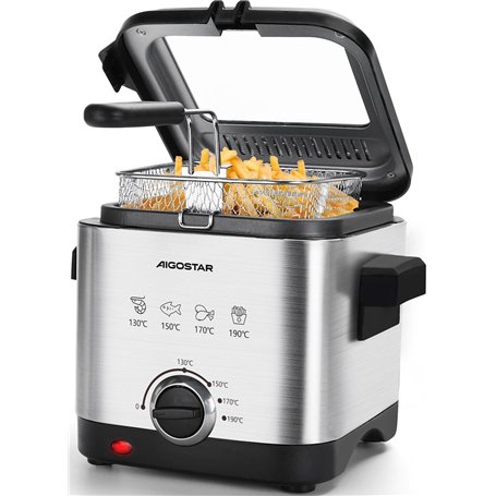 Aigostar Fries 3000041ZD - Friteuse compacte 100% sans BPA avec grande fenetre de vue et controle de la temperature. Acier inoxy