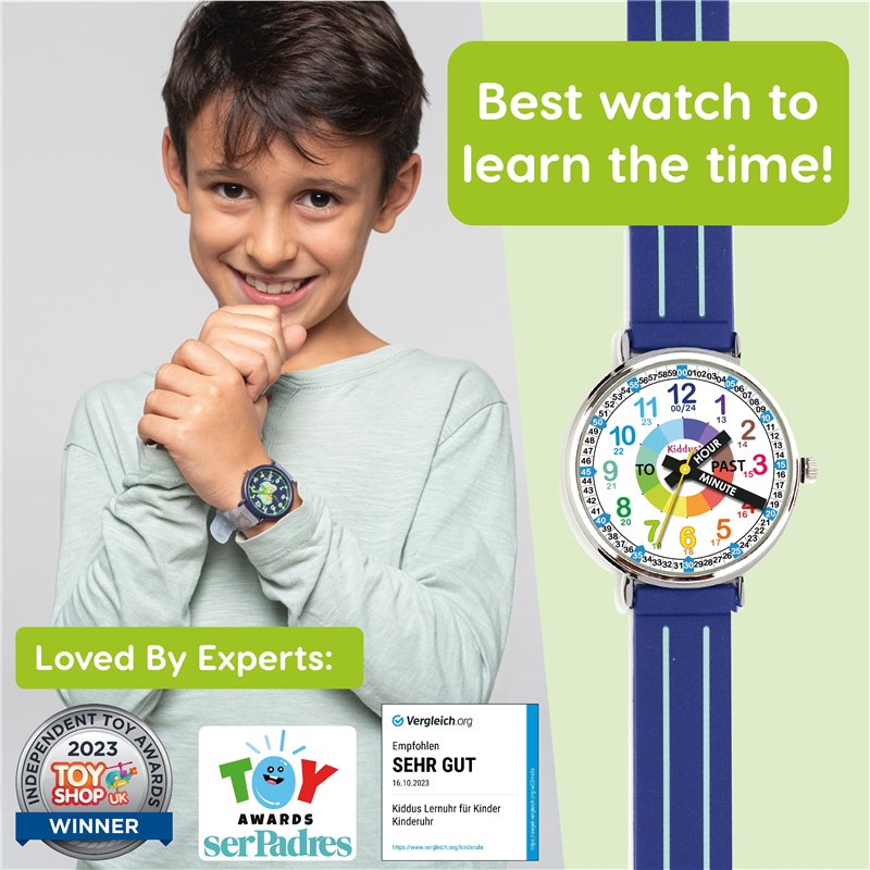 Image secondaire de Kiddus Montre Bracelet Éducative pour Enfants. Analogique avec Exercices. Mécanisme en Quartz Japonais. Version Anglaise. Bleu