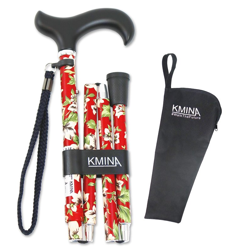 KMINA - Canne de Marche Femme, Pliante et Réglable, Luxe, Fleur, Aluminium (Pliage Rouge) - KMINA Pro