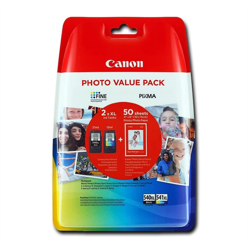 Canon PG-540XL/CL-541XL Cartouche Noire + Couleur XL + Pack de 50 feuilles papier photo PP-201 10x15cm