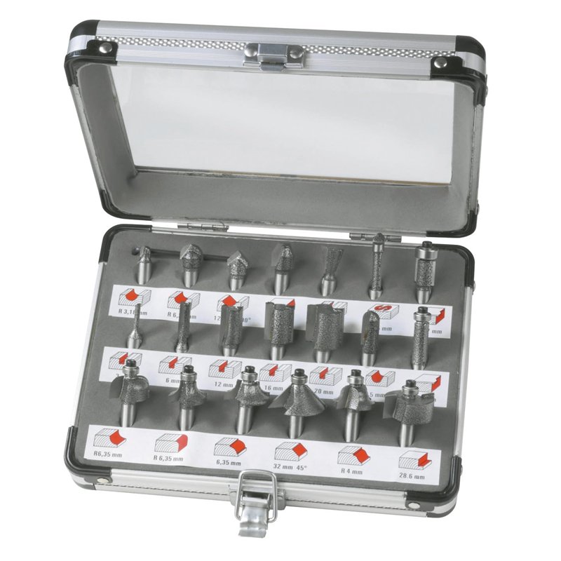 FERM Jeu de 20 Fraises - pour défonceuses - Avec coffret en aluminium
