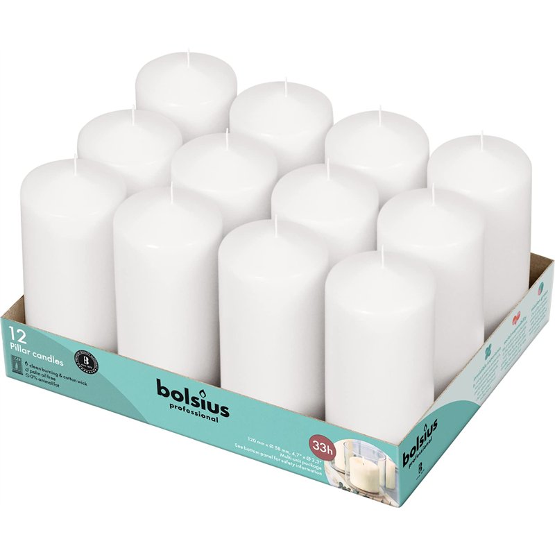 Bolsius Bougies Basiques pour décoration, Cire, Blanc, Taille Cire, Simple : h 11,8 cm Ø5,8 cm, 12 unités