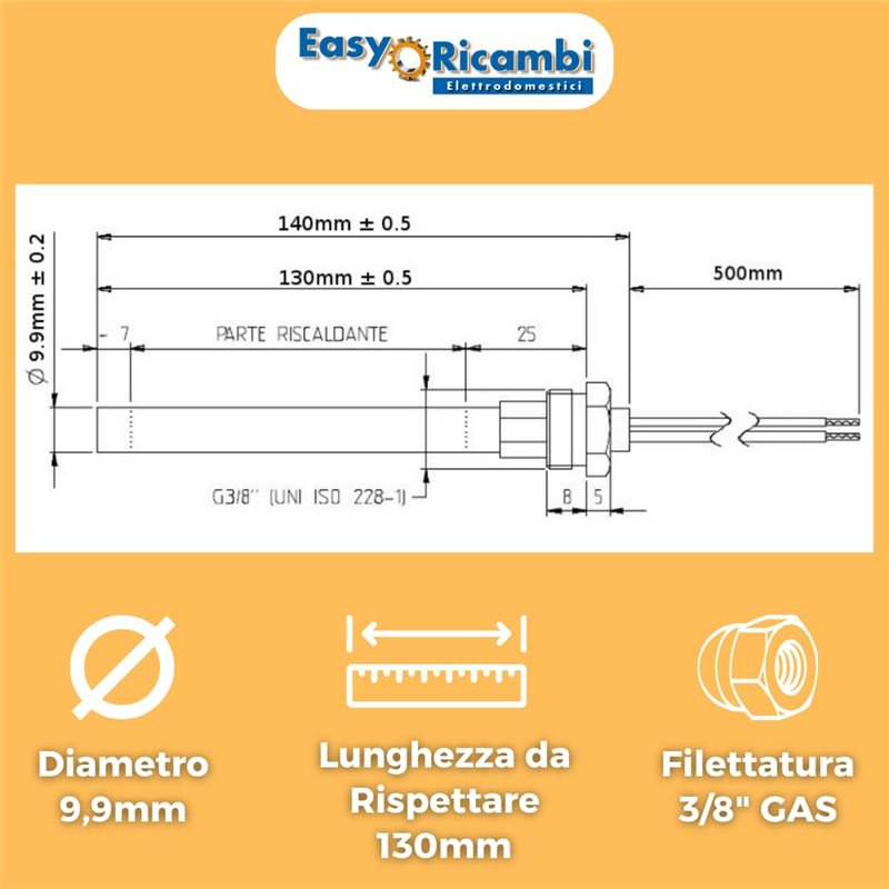 Image secondaire de Résistance Bougies Allumage pour poêle à pellets 270 W 140 mm (+/- 2 mm) 130 mm ; diamentro 9,9 mm ; filetage 3/8. Pour AMG Rave