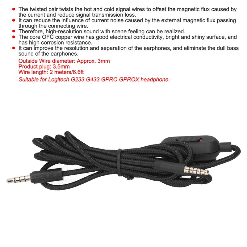 Image secondaire de 214 1 câble audio de rechange pour casque de jeu 3,5 mm, compatible avec les casques Logitech G233 G433 GPRO GPROX, Plug and Pla