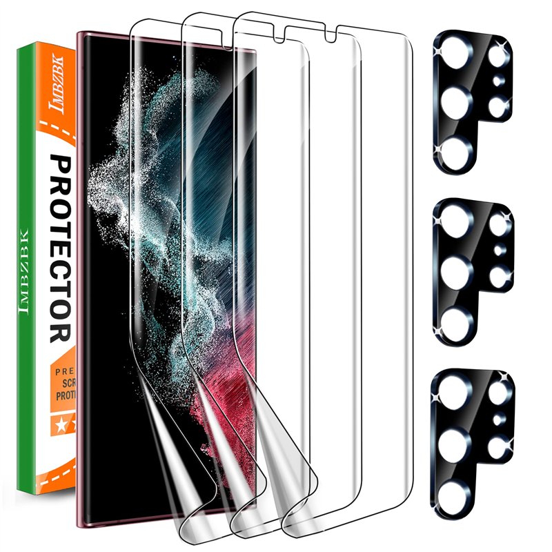 IMBZBK Lot de 3 films de protection d'écran pour Samsung Galaxy S22 Ultra 5G en TPU flexible avec 3 protections d'appareil photo