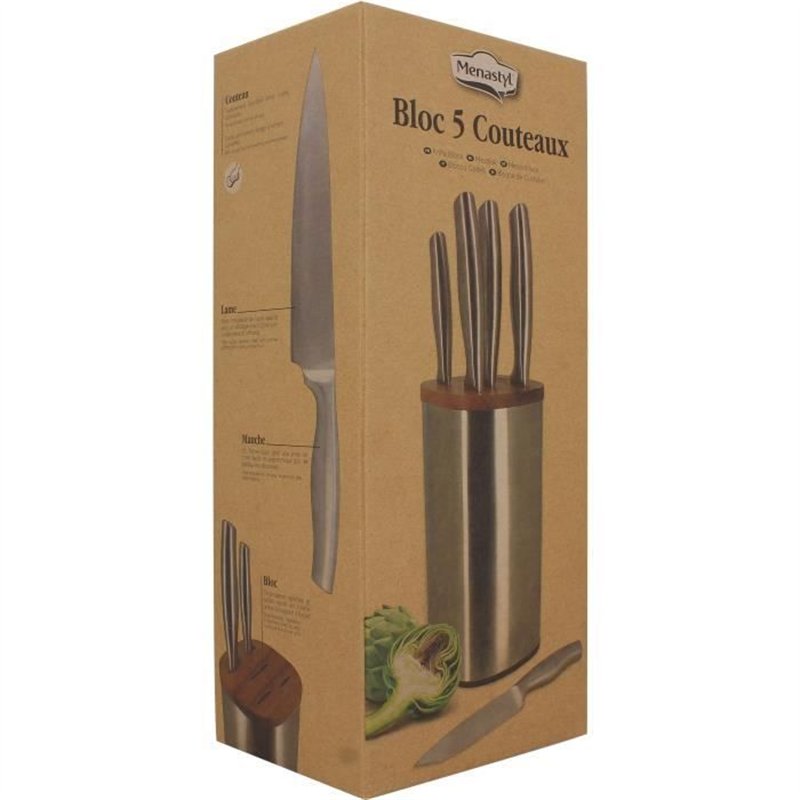Image secondaire de Bloc de couteaux 5 pièces - MENASTYL - 5041070 - En acier inoxydable - Bois
