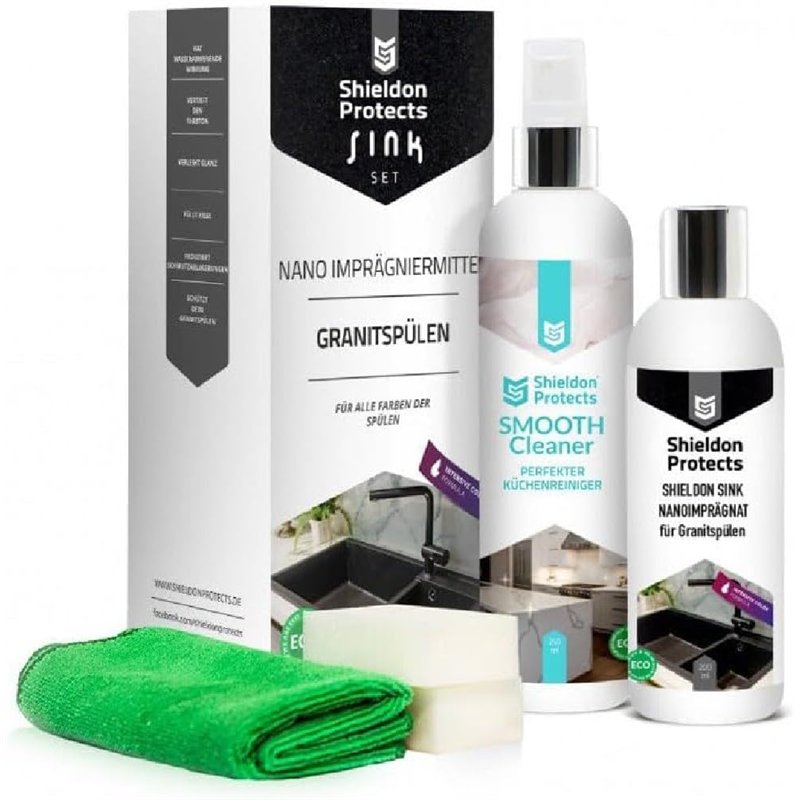 Shieldon Protects Kit de Nettoyage (250 ml) et Imprégnation (200 ml) pour Éviers en Granit avec Éponges et Chiffon Microfibre - 